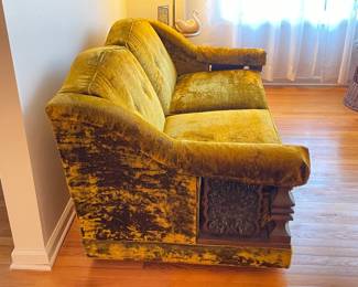 Vintage Funky Green Velvet Loveseat W/ Chunky Wooden Arms (2 Available)