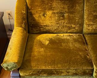 Vintage Funky Green Velvet Loveseat W/ Chunky Wooden Arms (2 Available)
