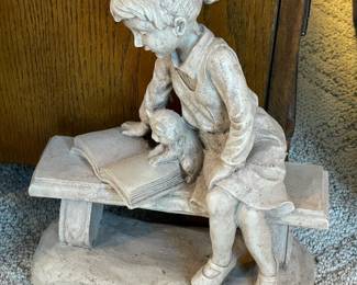 Girl On Bench W/ Cat Garden Figurine