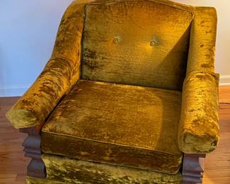 Vintage Funky Green Velvet Armchair W/ Chunky Wooden Arms (2 Available)