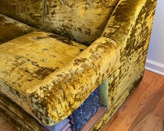Vintage Funky Green Velvet Loveseat W/ Chunky Wooden Arms (2 Available)