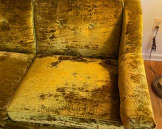 Vintage Funky Green Velvet Loveseat W/ Chunky Wooden Arms (2 Available)