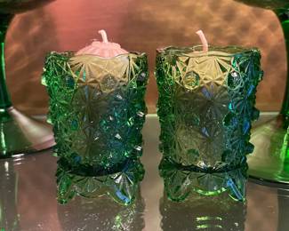 Vintage Green Glass "Daisy Button" Votive Candle Holders