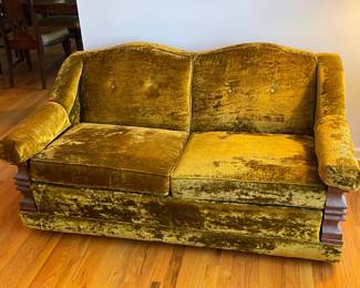 Vintage Funky Green Velvet Loveseat W/ Chunky Wooden Arms (2 Available)