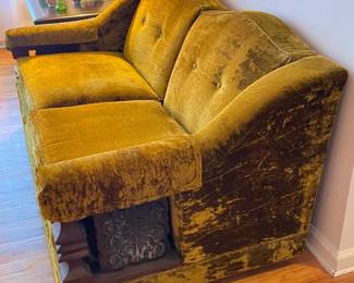 Vintage Funky Green Velvet Loveseat W/ Chunky Wooden Arms (2 Available)