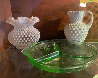 Milk Glass Hobnail & Uranium Glass Footed Divided Dish