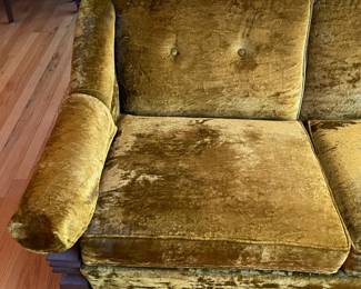 Vintage Funky Green Velvet Loveseat W/ Chunky Wooden Arms (2 Available)