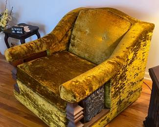 Vintage Funky Green Velvet Armchair W/ Chunky Wooden Arms (2 Available)