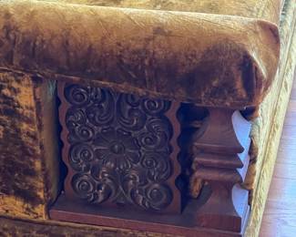 Vintage Funky Green Velvet Loveseat W/ Chunky Wooden Arms (2 Available)