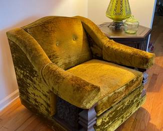 Vintage Funky Green Velvet Armchair W/ Chunky Wooden Arms (2 Available)