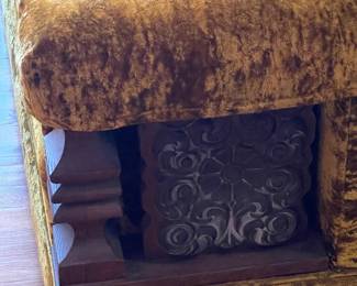 Vintage Funky Green Velvet Loveseat W/ Chunky Wooden Arms (2 Available)