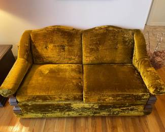 Vintage Funky Green Velvet Loveseat W/ Chunky Wooden Arms (2 Available)