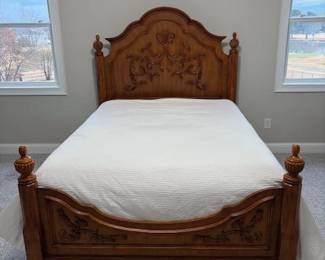 Queen Size Carved Wood Bed Includes Mattress and Boxspring