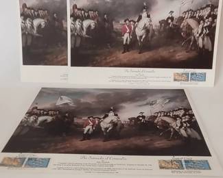 Prints of Yorktown, Virginia historical events with cancelled stamps