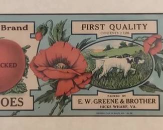 Framed tomato can label from Hicks Wharf, VA