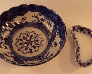 Flow Blue bone dish and transferware bowl