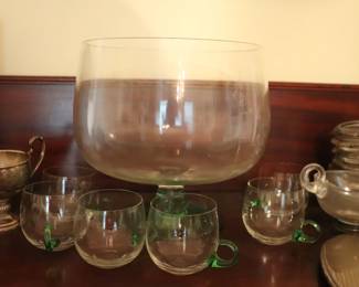 Vintage Mid Century Modern Crystal Glass Punch Bowl Set Clear Green Handles