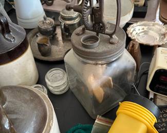 BUTTER CHURN, CROCKS, OLD ENAMEL WARE
