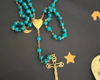 Turquoise Bead Rosary with Heart Centerpiece and St. Benedict Crucifix