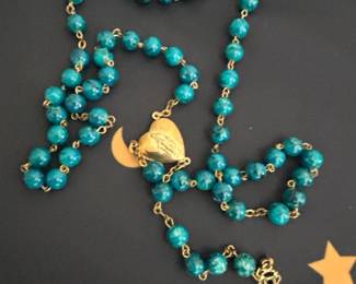 Turquoise and Gold Tone Miraculous Medal Rosary with Crucifix