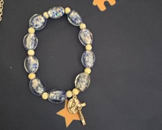 MuranoStyle Glass Bead Rosary Bracelet with Crucifix Charm