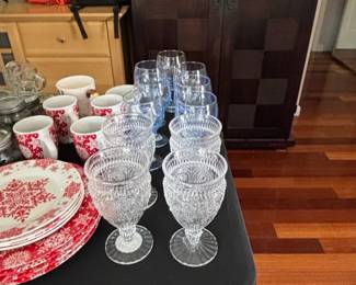 Vintage Snowflake Christmas Plates and Embossed Glass Goblets