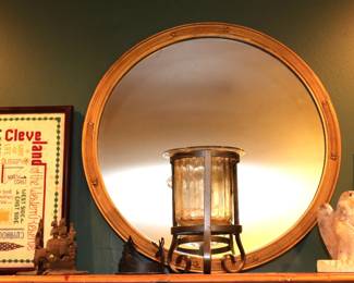Round Hanging Wall Mirror and Alabaster Eagle Sculpture
