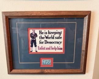 He is Keeping the World Safe For Democracy and 3-cent stamp from 1945