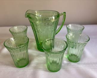 Green Florentine Depression Glass - Pitcher and 5 Tumblers