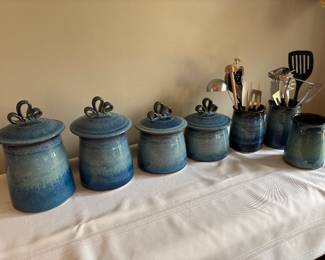 Blue Utensil holders and Canister Set