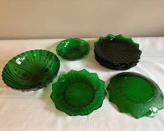 Vintage Green Glass Lotus Petal Dish Set - Plus