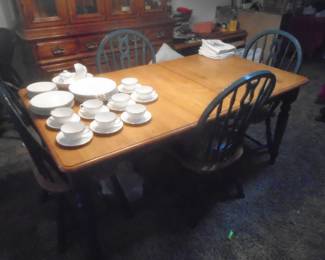 Dining table with 4 chairs also photographed Royal Doulton dinner ware