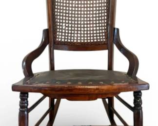 Antique Wooden Rocking Chair w Leather Seat  Woven Cane Back