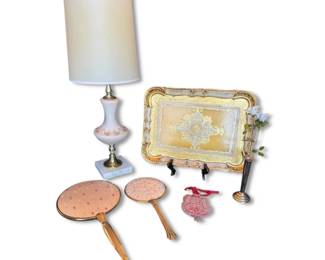 Italian Florentine Gilt Wood Tray, HandPainted Lamp,  Vanity Decor