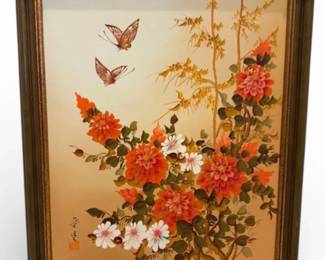 Vintage Chinese Floral Painting w Butterflies in Wooden Frame 28 x24 