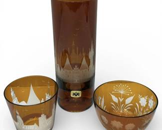 Carl Rotter Lubeck, Germany Crystal Vase, Whiskey Glass,  Amber CuttoClear Bowl