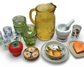 Vintage Glass Pitcher, Marble Mortar  Pestle, Strawberry Dish,  More Kitchen Goods