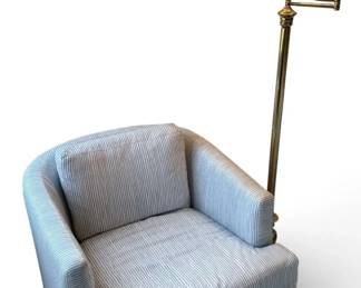 Blue  White Striped Swivel Club Chair w Brass Floor Lamp