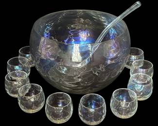 Iridescent Glass Punch Bowl  Glasses