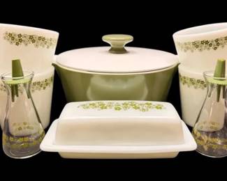Vintage Pyrex Spring Blossom Butter Dish, Milk Glass Mugs, Shakers,  Corningware Casserole Dish