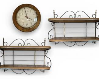 Wood  Metal Wall Shelves and Wooden Quartz Wall Clock