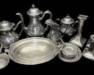 Engraved SilverPlated Tea Set, Candle Holders,  Dishes