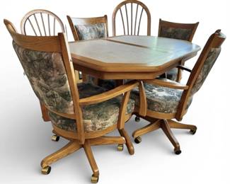 Vintage Oak Dining Table w 4 Rolling Chairs  2 Side Chairs