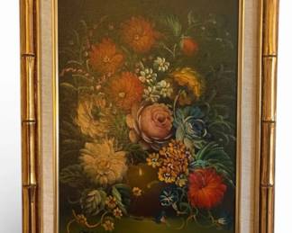 Floral Oil Painting w Gold Frame  Signed