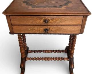 Antique Swiss Biedermeier Style Marquetry Inlaid Wooden TwoDrawer Side Table