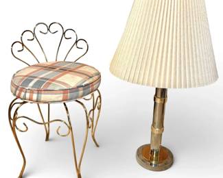 Hollywood Regency Brass Vanity Stool  Faux Bamboo Metal Lamp