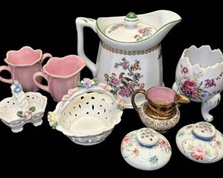Porcelain Floral Tea Pitcher, Egg Cup,  Trinkets