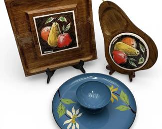 Vintage Wood  Fruit Tile Serving Trays and Floral Enamel Chip  Dip Set
