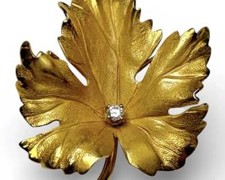 14k Gold Tiffany  Co. Leaf Brooch with 0.10 CT Diamond Accent 3.00g Total