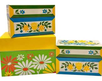 Vintage Syndicate Flower Power  Blue Yellow Floral Metal Recipe Boxes